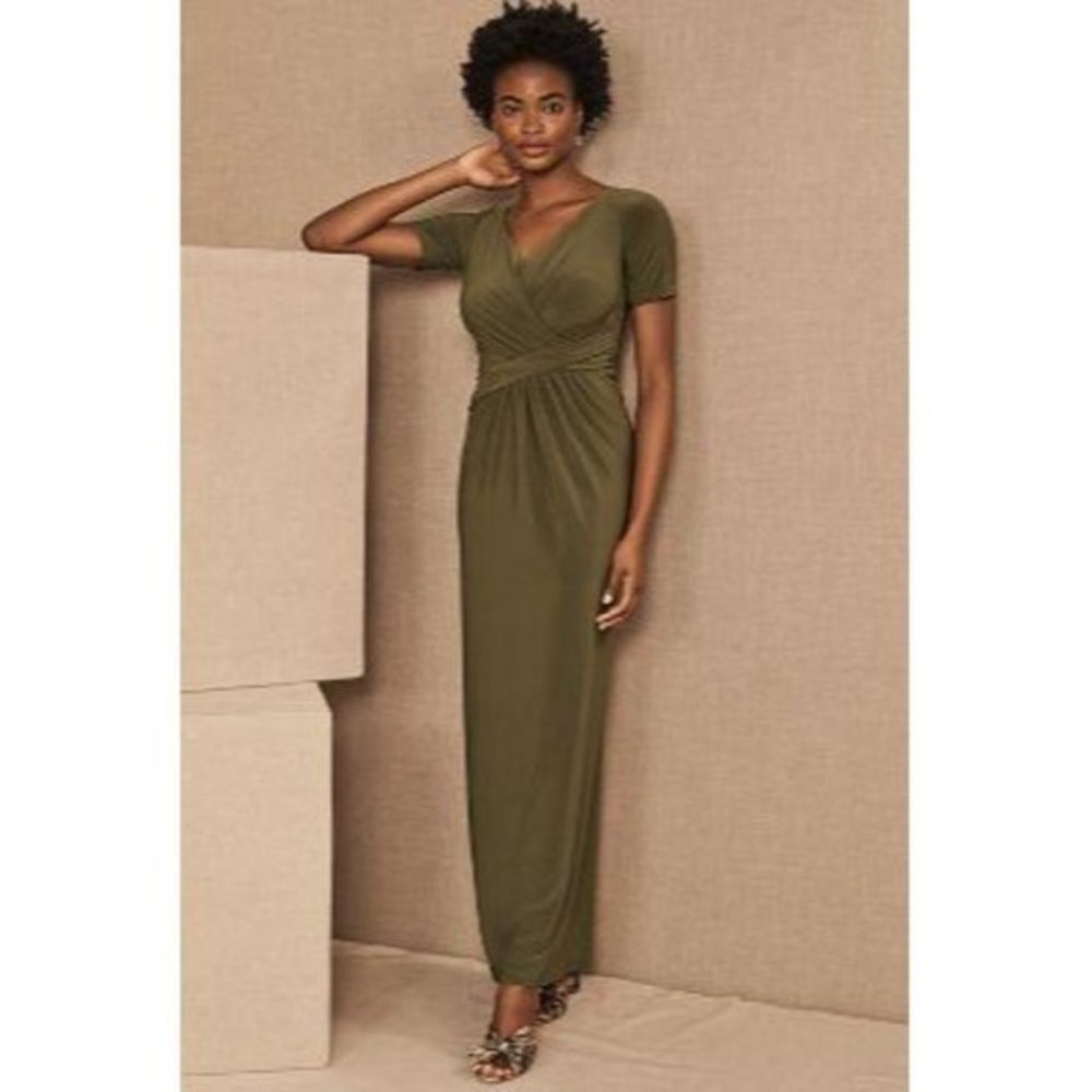 NWT : BHLDN Anthropologie Chelle Dress Olive Green Womens sz 6 Maxi Gown Stretch